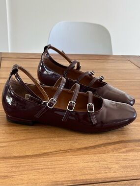 American Eagle Outfitters Triple-Strap Patent Flats in Deep Burgundy